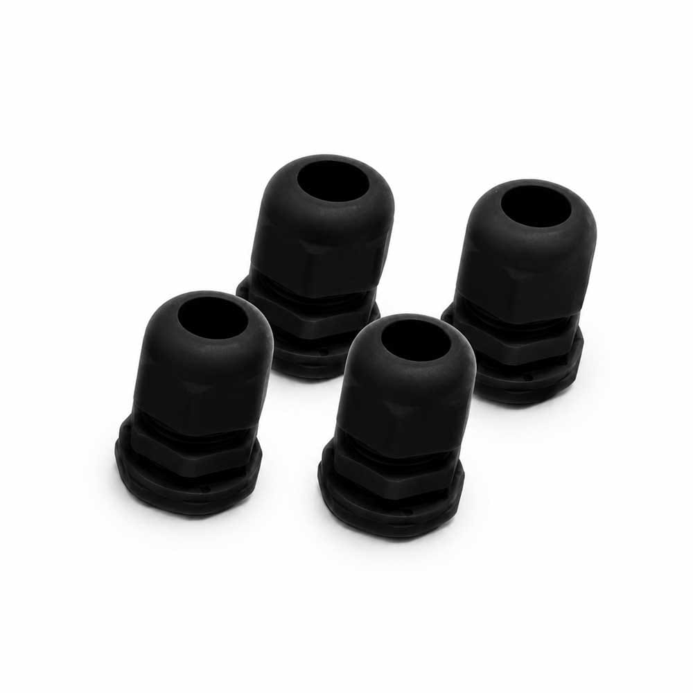 Cuatro pasacables negros de plástico con orificio central, pack