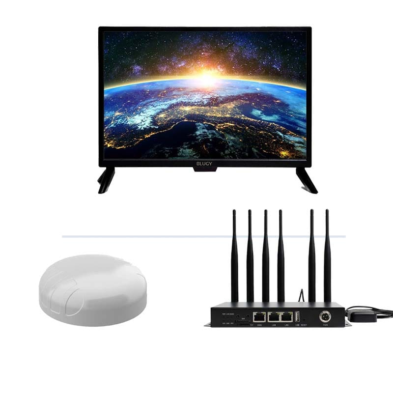 Televisor Blugy 22 pulgadas, router WiFi con antenas y antena exterior