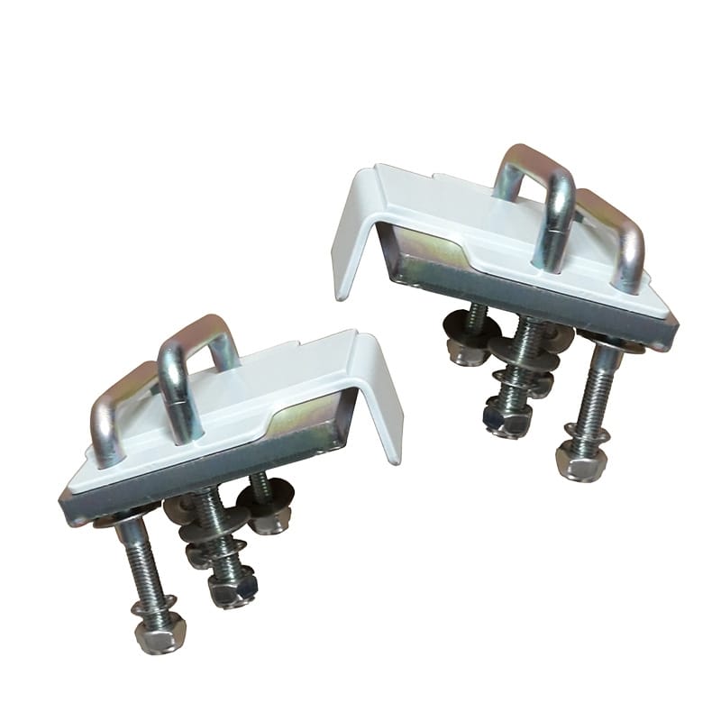 Par de soportes metálicos blancos con tornillos y tuercas de fijación