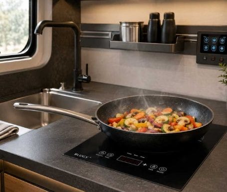 Sartén con verduras salteadas sobre placa de inducción de un fuego