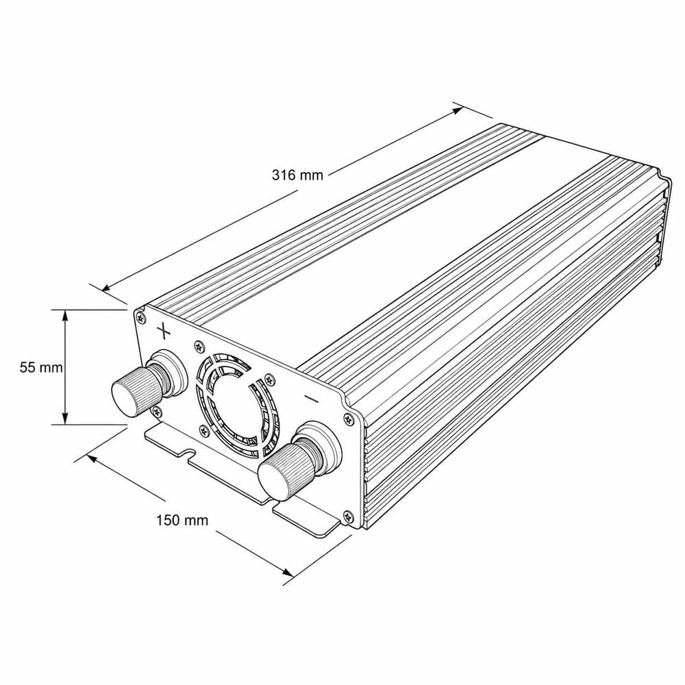 Diagrama técnico del inversor 1500W 12V con dimensiones 316x150x55 mm