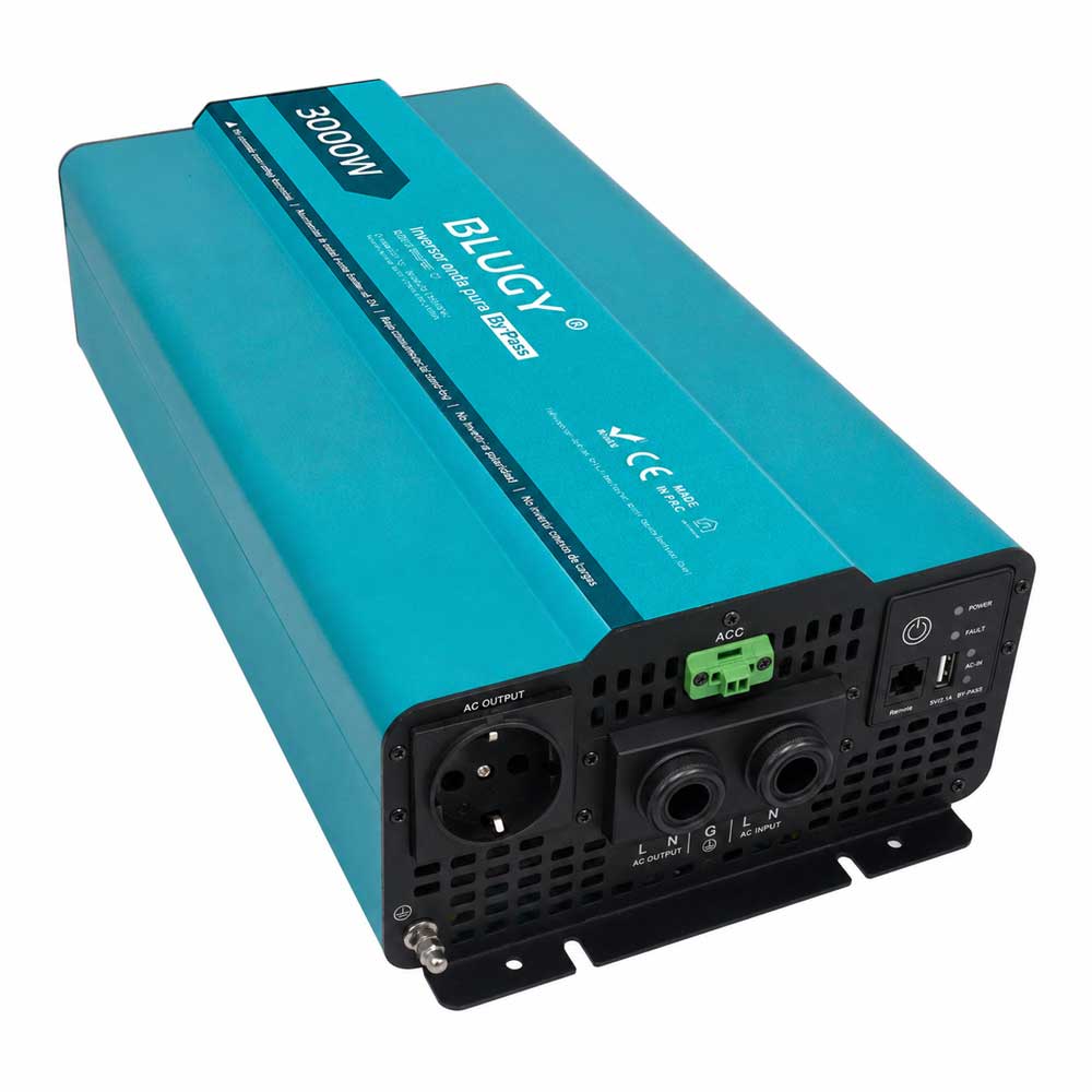 Inversor de onda pura Blugy 3000W 12V con bypass y puertos AC