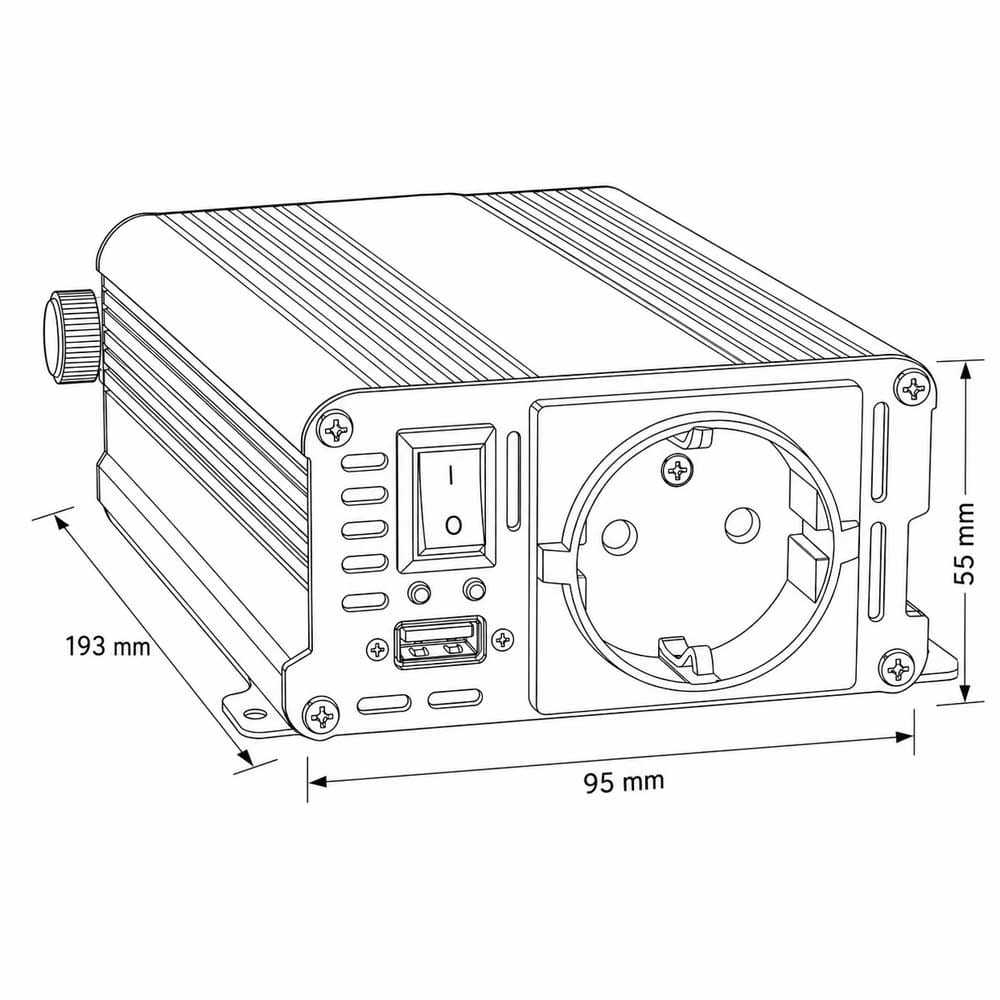 Diagrama técnico del inversor 500W 24V con dimensiones 193x95x55 mm