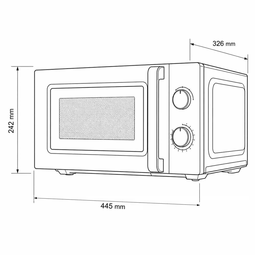 Diagrama técnico de microondas 20L mecánico con dimensiones 445x242x326 mm