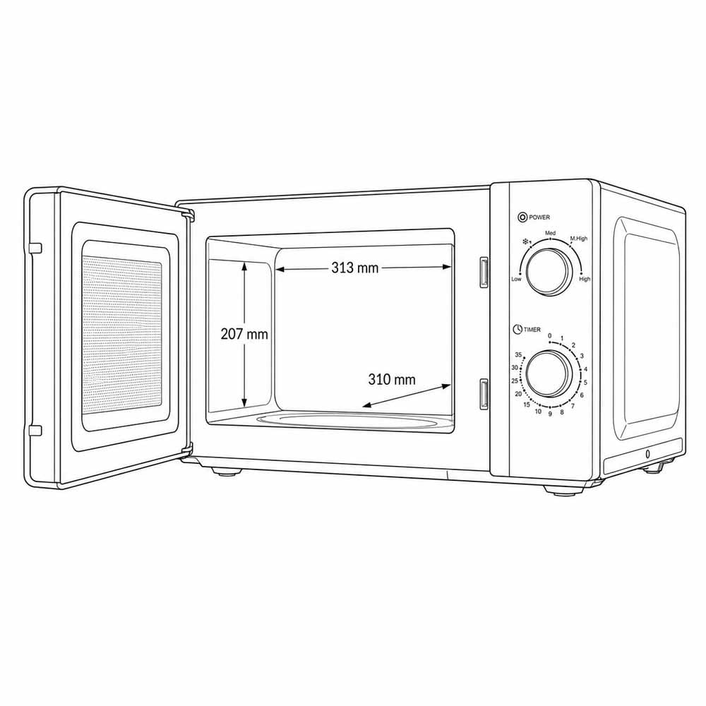 Microondas 20L mecánico abierto con dimensiones interiores: 313×207×310 mm