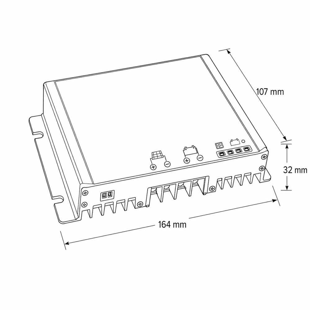 Diagrama técnico regulador solar 20A MPPT con dimensiones 164x107x32 mm