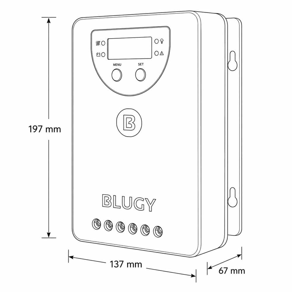 Diagrama técnico con dimensiones del regulador solar MPPT Blugy 40A