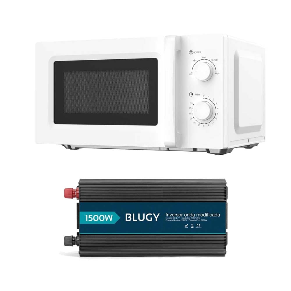 Microondas blanco 20L e inversor de corriente Blugy 1500W