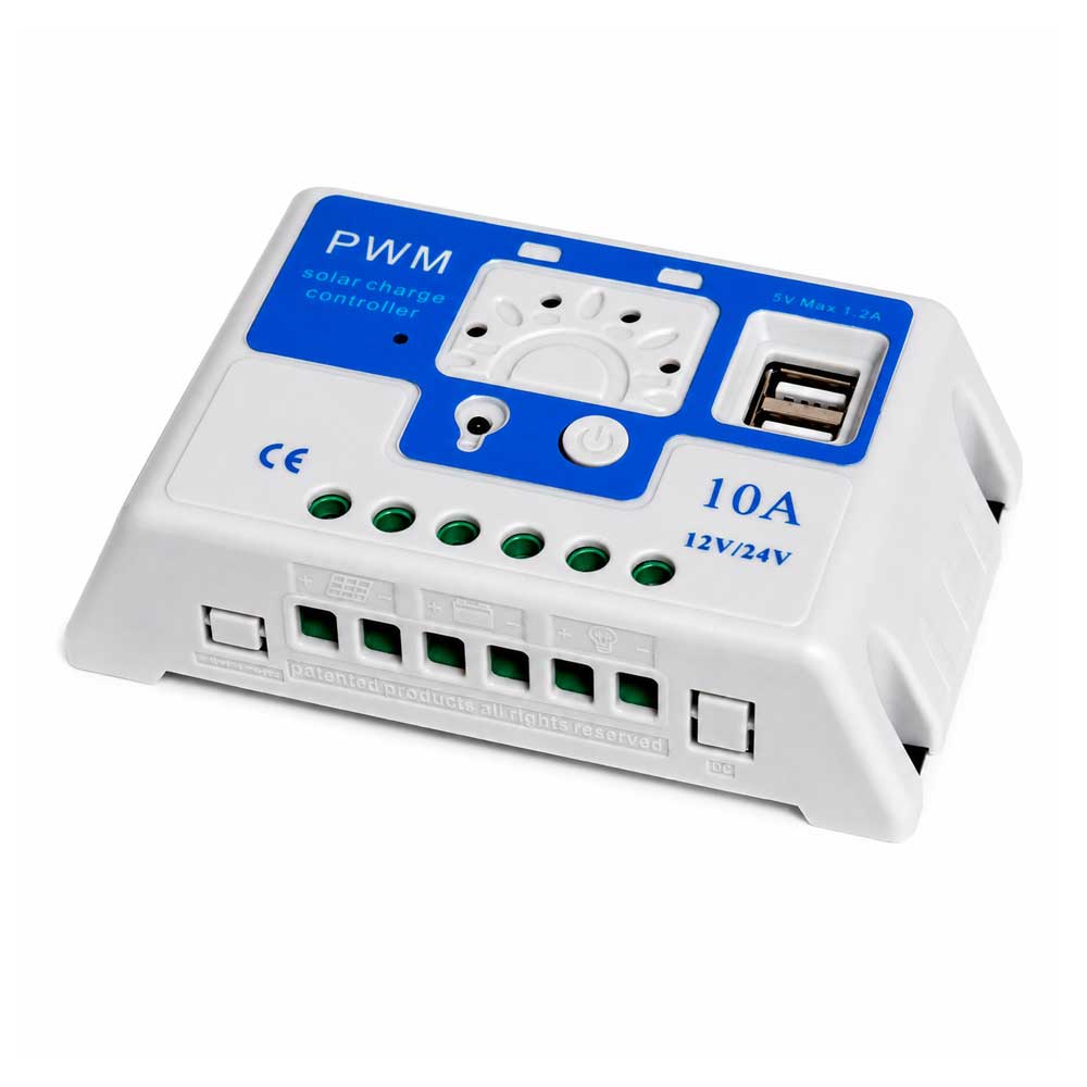 Regulador solar PWM 10A 12V/24V con puertos USB y terminales