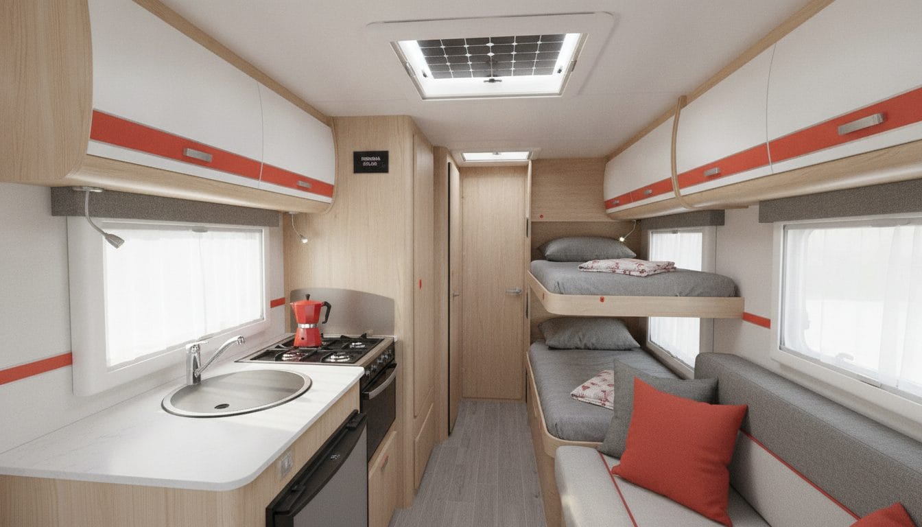Autocaravana con cocina, literas y panel solar integrado