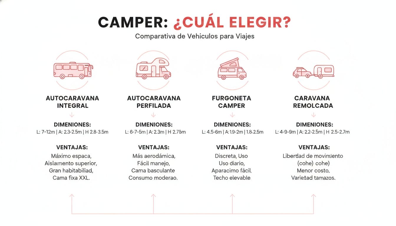 Comparativa cuatro tipos vehículos camper con dimensiones y características