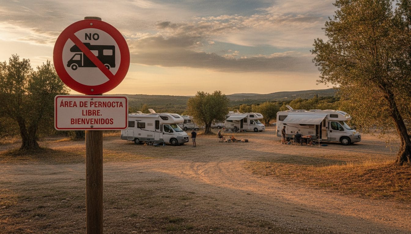 Señal de prohibición de autocaravanas junto a área de pernocta libre España