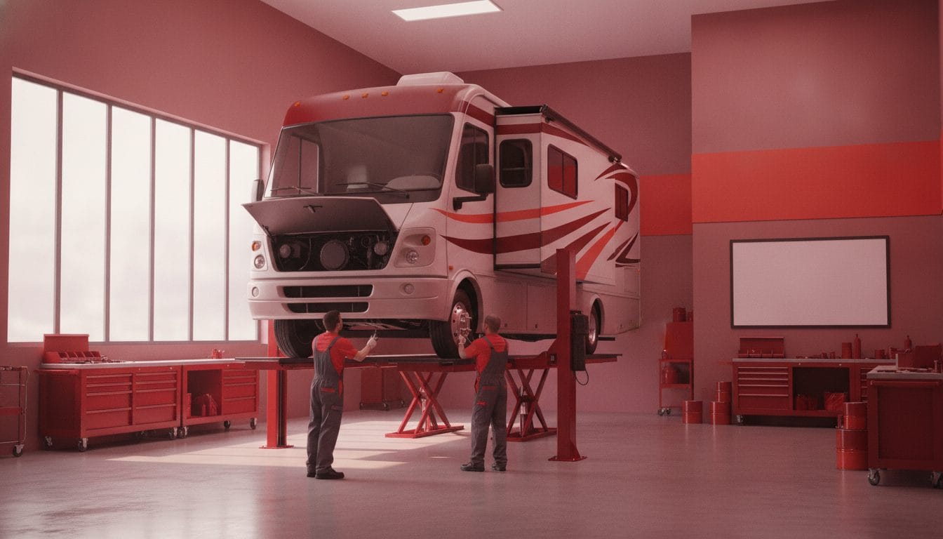 Taller mecánico especializado revisando autocaravana con equipo profesional