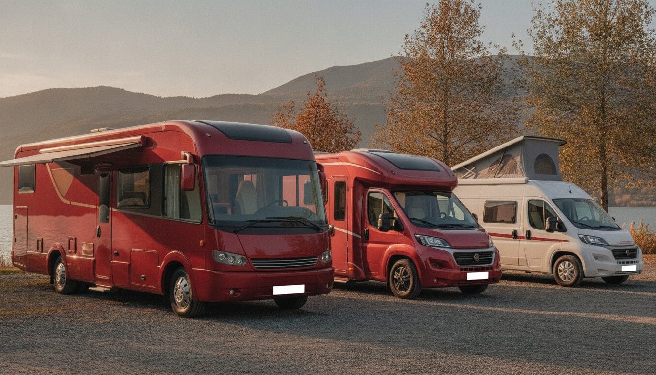Tres autocaravanas de diferentes tipos estacionadas en exterior