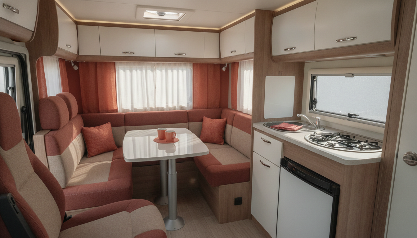Interior luminoso de camper Carado con zona estar y cocina integradas