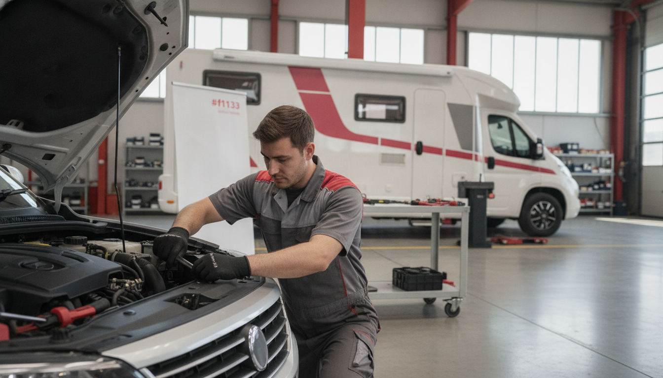 Mecánico reparando vehículo en taller con autocaravana de fondo