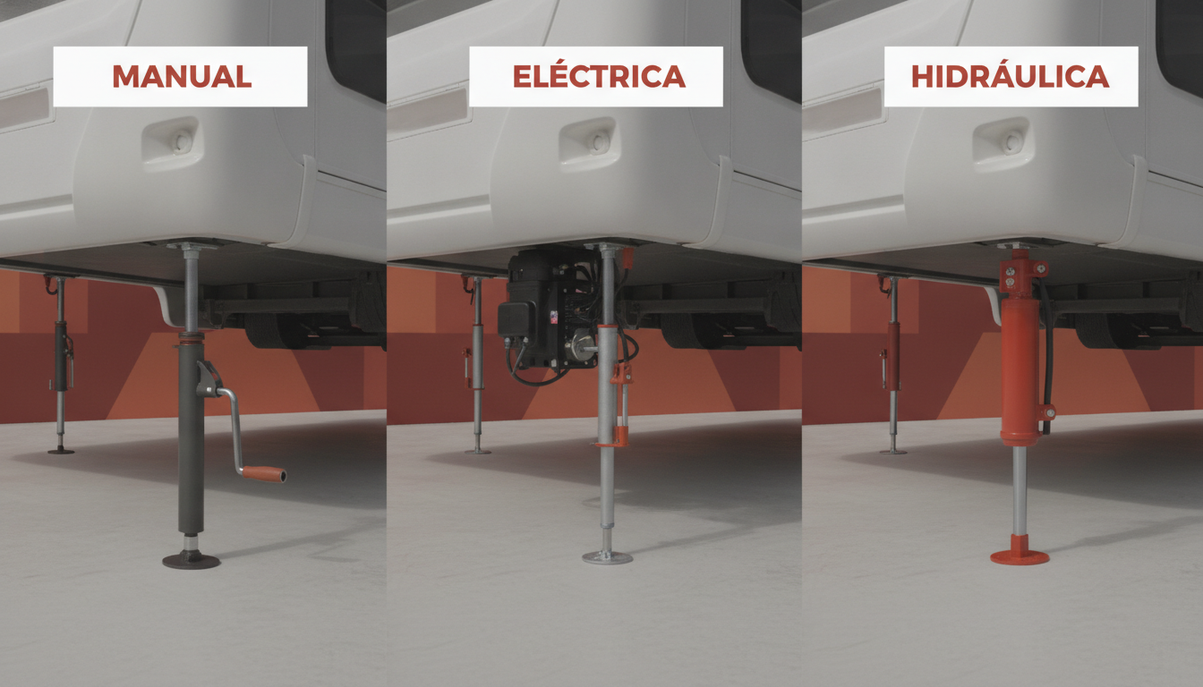 Comparativa visual tipos patas estabilizadoras autocaravana manual eléctrica hidráulica