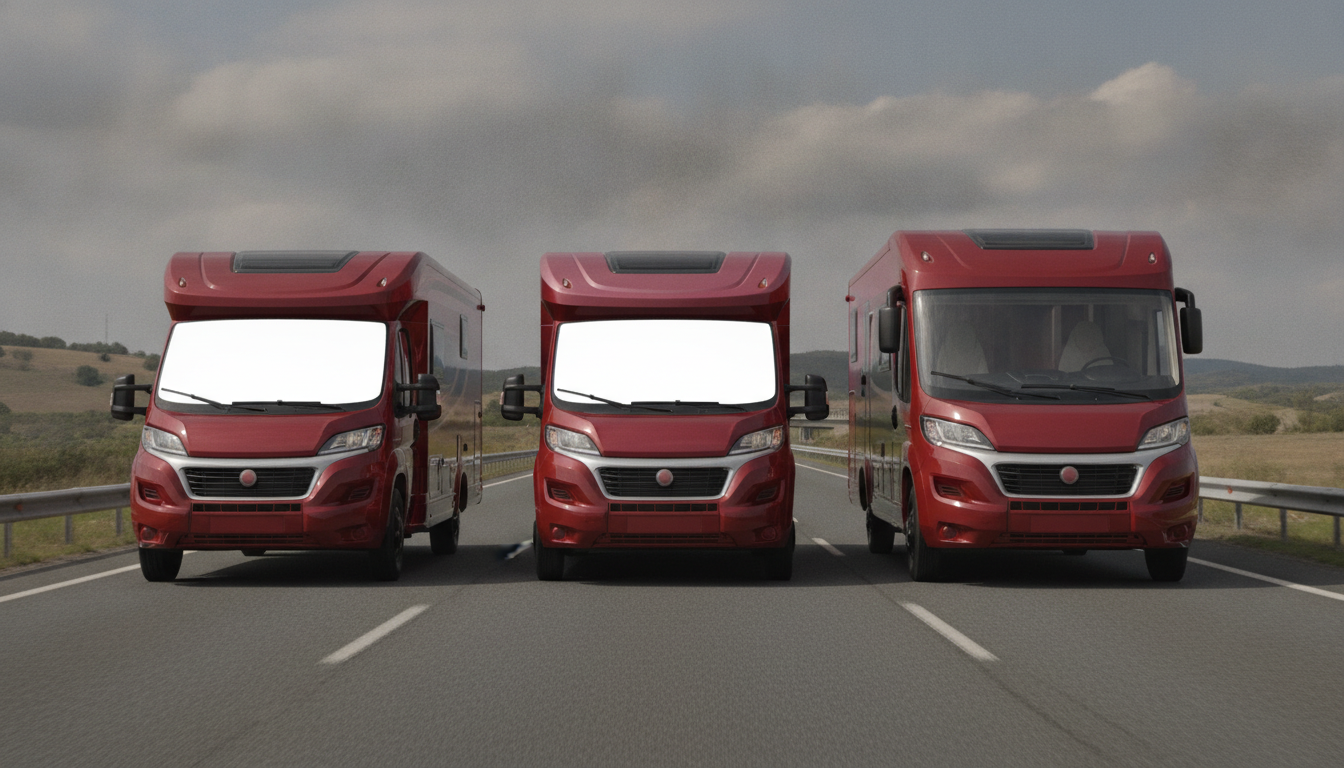 Tres autocaravanas diferentes estacionadas en carretera rural