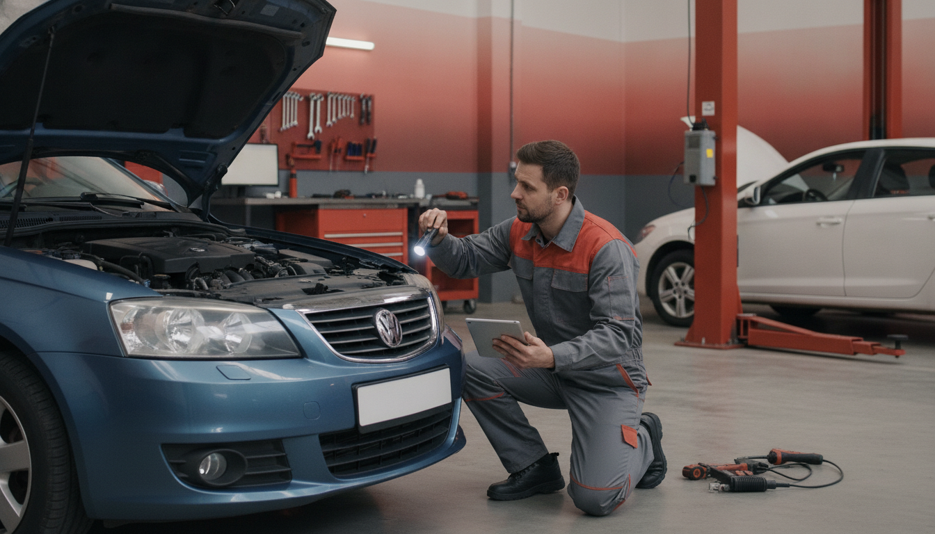 Mecánico inspecciona vehículo usado en taller antes compraventa coches